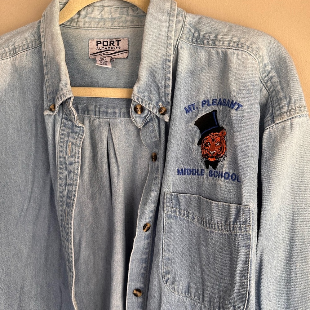 Tiger in a Top Hat! Port Authority Light Blue faded Embroidered Denim Shirt